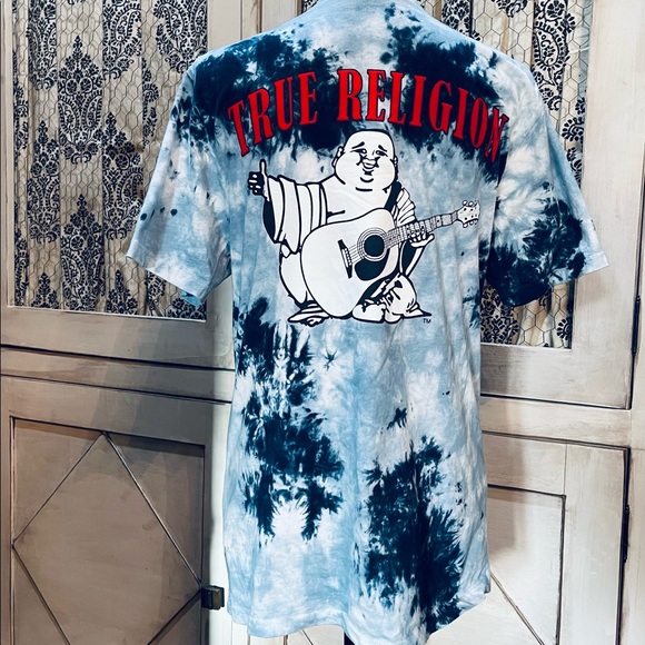 True Religion Graphic FELT BUDDHA LOGO TEE World Tour Royal Blue Tie Dye Small - Picture 3 of 6
